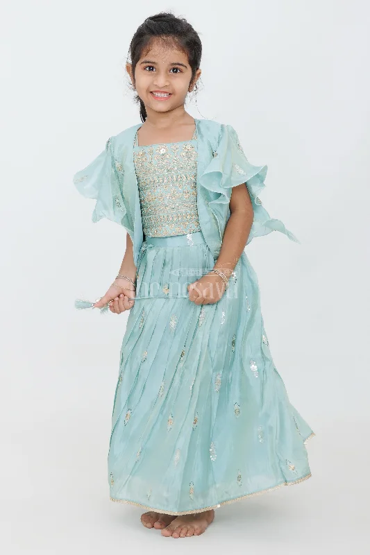 Girls Turquoise Tissue Silk Lehenga Choli with Golden Embroidered Ruffled Jacket and Pleated Skirt Rayon Fabric Velvet Fabric Corduroy Fabric