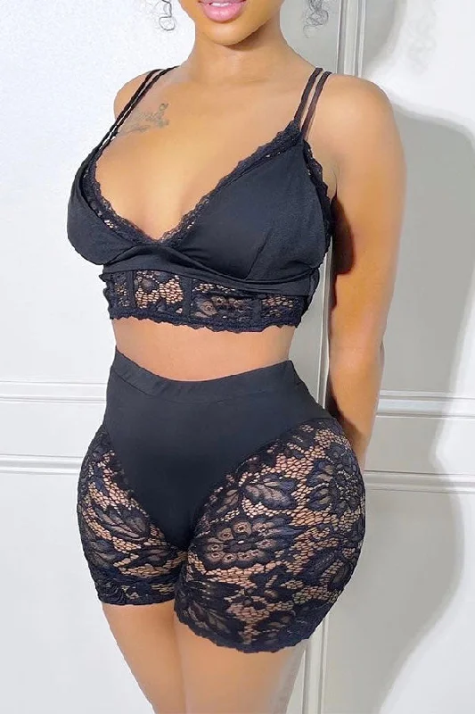 storexq Lace Flirty See-Through Bodycon Pant Suit Stylish Elastic Waist Pants