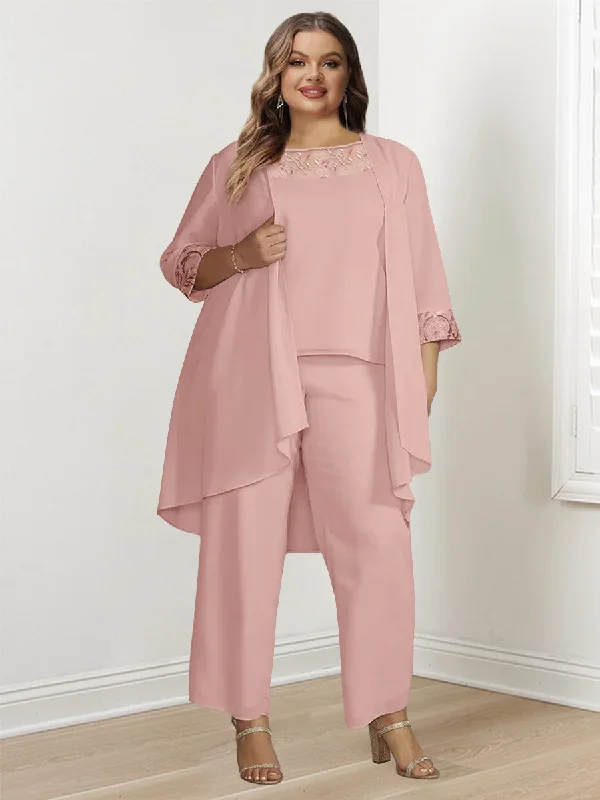 Chiffon Long Sleeves Plus Size Mother Of The Bride Pantsuits With Jacket Classic Pleated Pants
