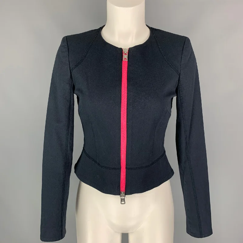 MCQ by ALEXANDER MCQUEEN Size 4 Navy & Fuchsia Cotton Cropped Jacket Front Pockets Side Pockets Patch Pockets