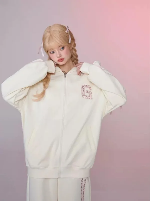 Embroidery loose zipper sweater jacket casual pants set【s0000006361】 Elegant High-Waist Pants