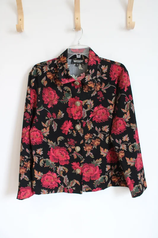 Briggs Vintage Red Floral Gold Buttoned Black Jacket | L Petite Rayon Fabric Velvet Fabric Corduroy Fabric Briggs Vintage Red Floral Gold Buttoned Black Jacket | L Petite Rayon Fabric Velvet Fabric Corduroy Fabric
