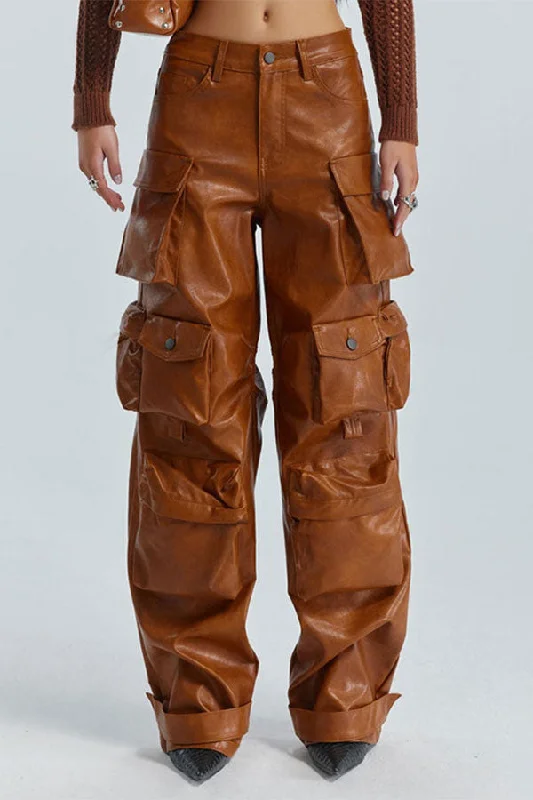 storexq Solid Color Punk Multi Pocket PU Pants Lightweight Jogger Pants