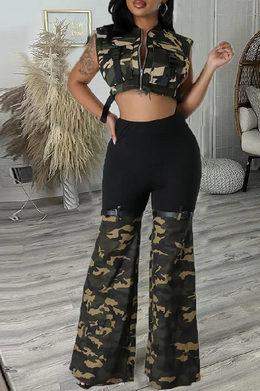 storexq Camouflage Punk Buckled Pocket Belt Decor Pant Suit Fashionable Track Pants