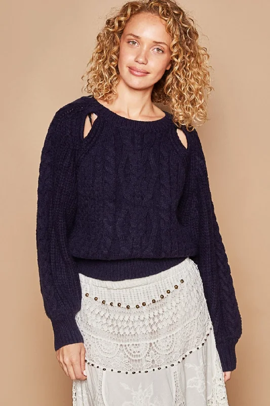 Cable Knit Cutout Long Sleeve Sweater Fitted Slim Tailored