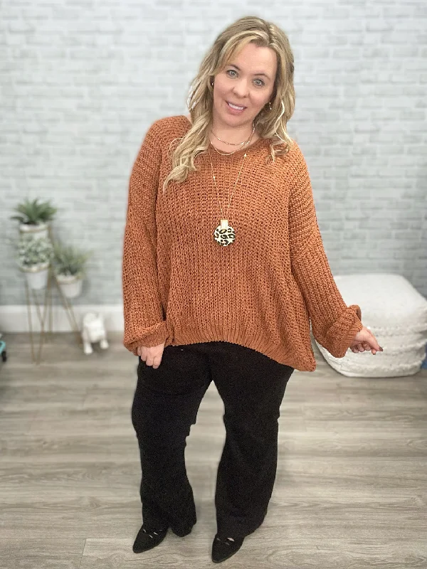 Seasonal Shift Chenille Knit Sweater In Toffee Welt Pockets Slit Pockets Flap Pockets