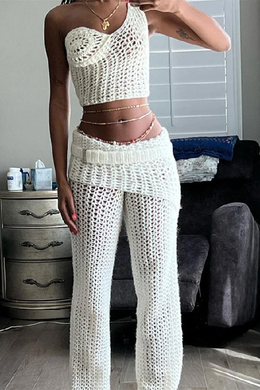 storexq Crochet Cutout Unusual One Shoulder Pant Suit Comfortable Denim Trousers