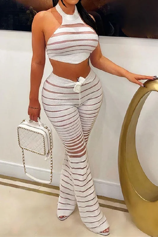 storexq Patchwork See-Through Party Lace-Up Pant Suit Modern Skinny Pants