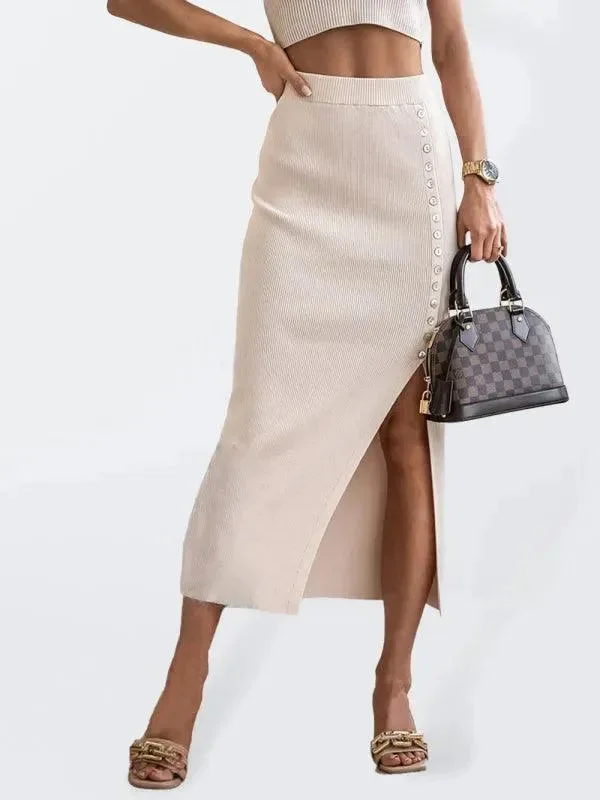 Women's Button Sheath Midi Skirt with Slit linen skirt airy
