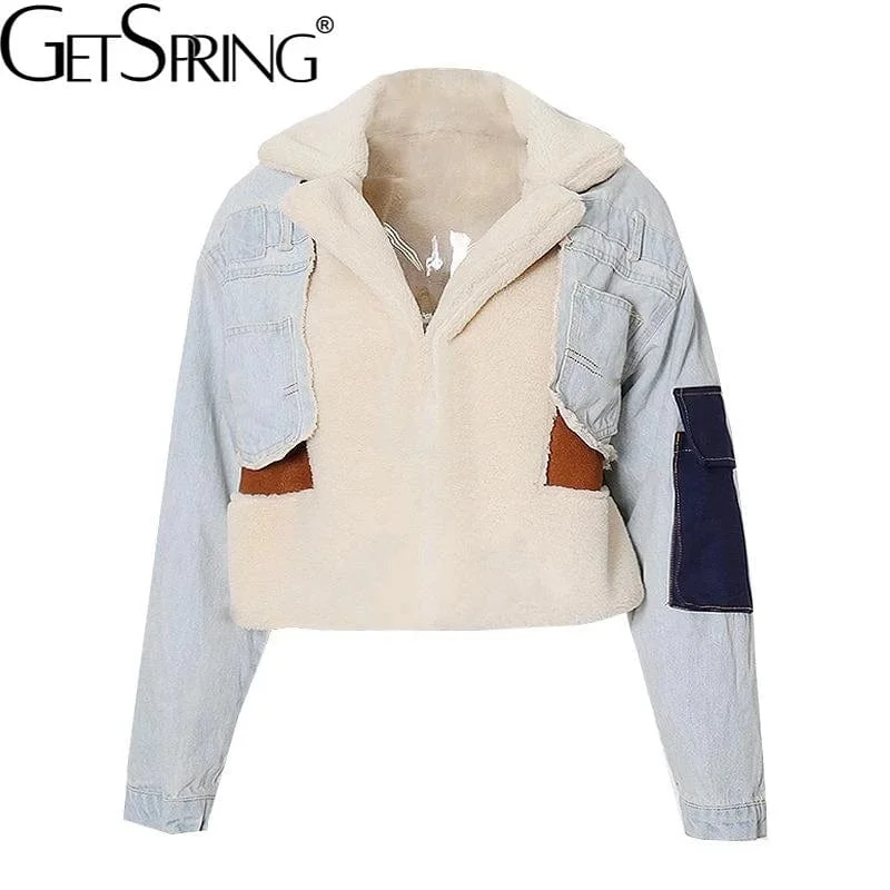 Women Coat Denim Patchwork Short Lambswool Coats And Jackets Color Matching Fashion Plus Size Winter Overcoat Women Hoodie Zip-Up Jacket Button-Up Jacket Women Coat Denim Patchwork Short Lambswool Coats And Jackets Color Matching Fashion Plus Size Winter Overcoat Women Hoodie Zip-Up Jacket Button-Up Jacket