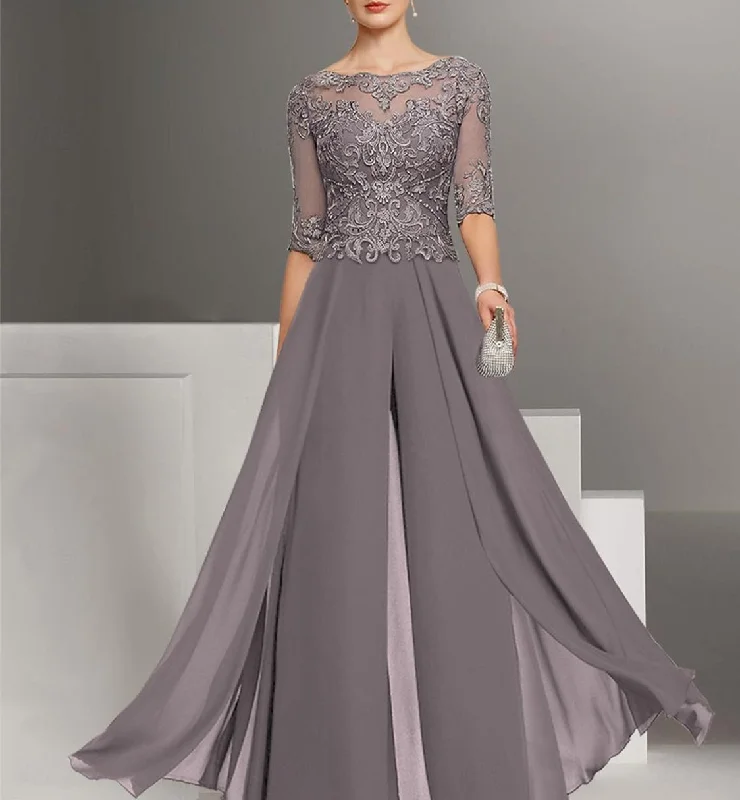 Chiffon Jewel Neck Half Sleeves Ankle-Length Mother of the Bride Pantsuits with Lace Chic Black Leggings