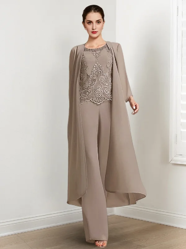 Chiffon Round Neck Floor-Length Mother Of The Bride Pantsuits With Jacket & Applique Casual Lounge Pants
