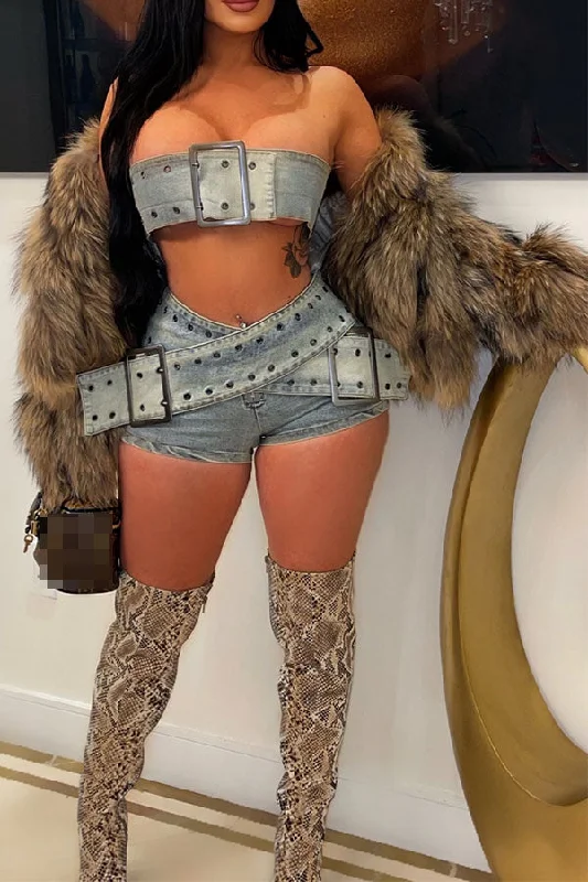 storexq Distressed Denim Punk Strapless Buckled Design Pant Suit High-Waist Jogger Pants