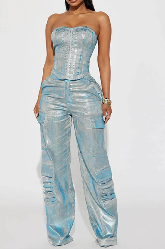 storexq Metallic Coated Bright Multi Pocket Pant Suit Slim-Fit Khaki Pants