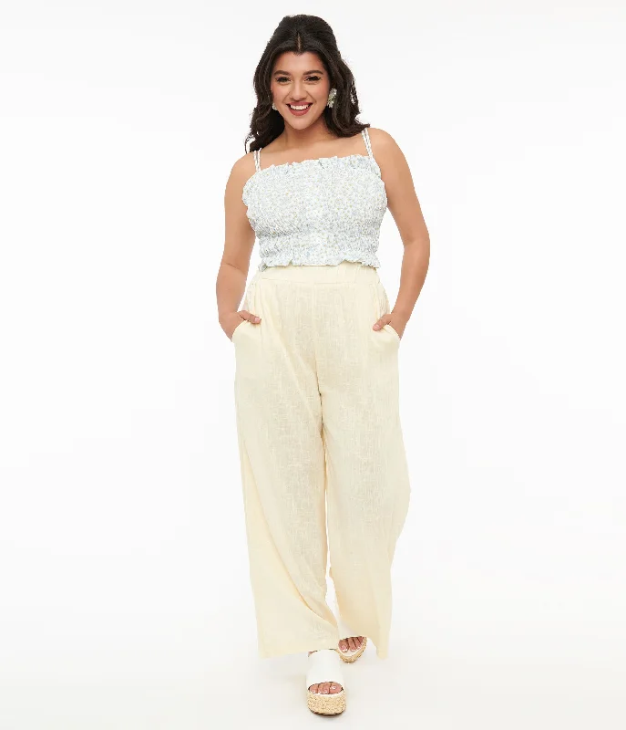 1970s Ivory Wide Leg Pants Trendy Printed Pants