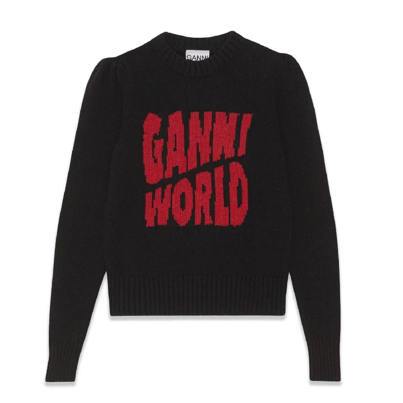 Ganni Puffed Shoulder 'Ganni World' Sweater 'Black' Fleece Sweater Nylon Polyester
