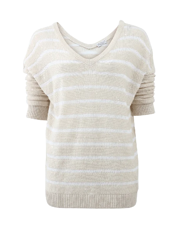 Stripe And Sequin Sweater Solid Color Striped Floral Print