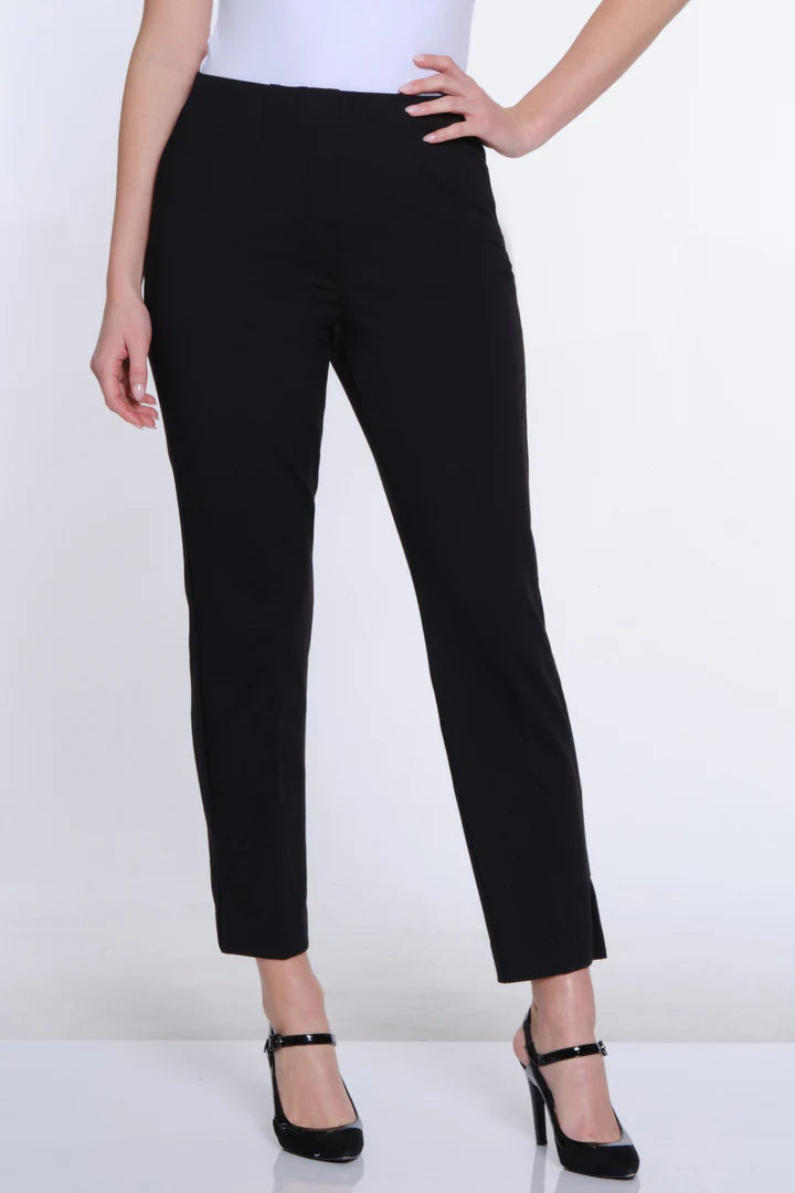 ELASTIC NO WAIST FAUX ZIP FRONT ANKLE PANT - BLACK Classic Cropped Pants