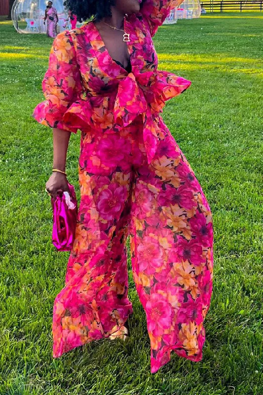 storexq Floral Print Pretty Lace-Up Peplum Pant Suit Soft Stretch Pants