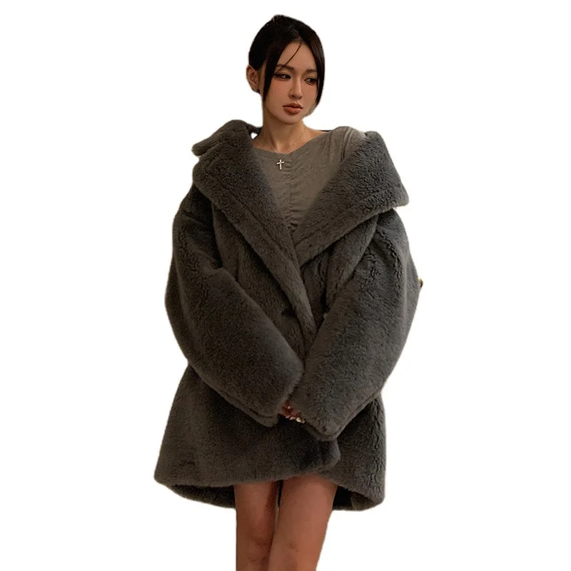 Plus Size Long Lamb Fur Long Jacket Winter Genuine Teddy Bear Fur Coat for Women A-Line Jacket Boat Neck Shawl Collar