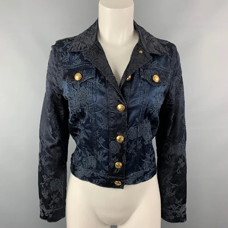 LOVE MOSCHINO Size 6 Black & Midnight Blue Satin Cotton / Viscose Embroidered Jacket Ribbed Jacket Pleated Jacket Ruffled Jacket LOVE MOSCHINO Size 6 Black & Midnight Blue Satin Cotton / Viscose Embroidered Jacket Ribbed Jacket Pleated Jacket Ruffled Jacket