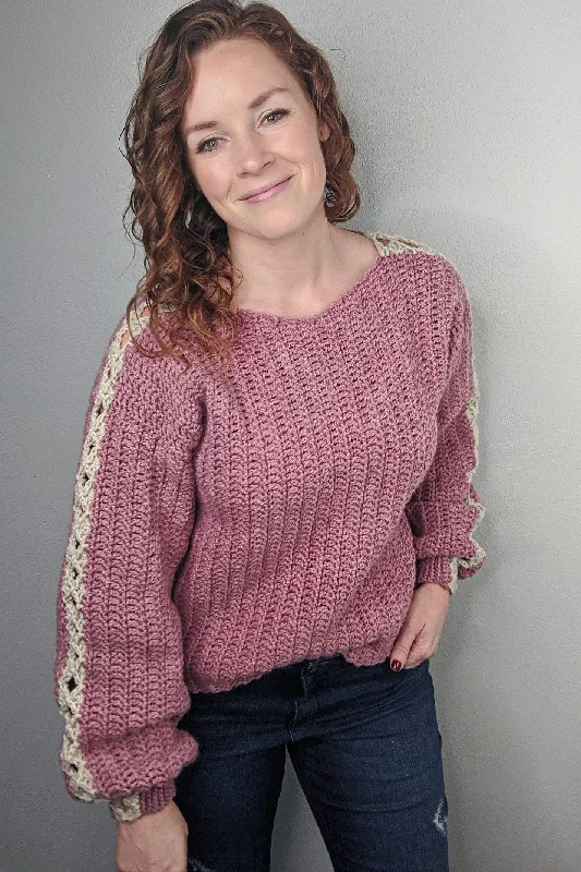 Statement Sleeve Sweater (Crochet) - Version 1 Striped Floral Plaid