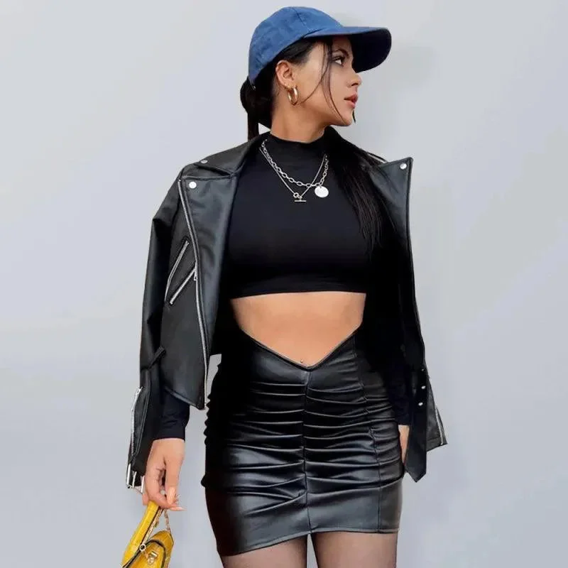 Pleated PU Leather Mini Skirt velvet skirt rich