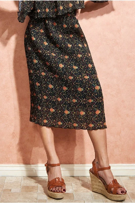 City Goddess Printed Shirred Midi Skirt - Black linen skirt breathable