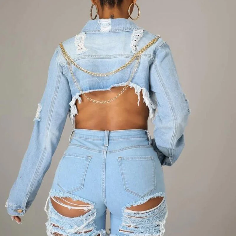 KX-PT9962  Ins hot sale short plus size ladies jeans jacket with chains tassel distressed ripped women jean jackets Satin Jacket Silk Jacket Chiffon Jacket