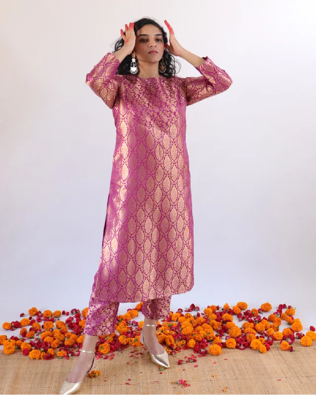 Purple brocade set- Kurta and pants Cozy Full-Length Pants