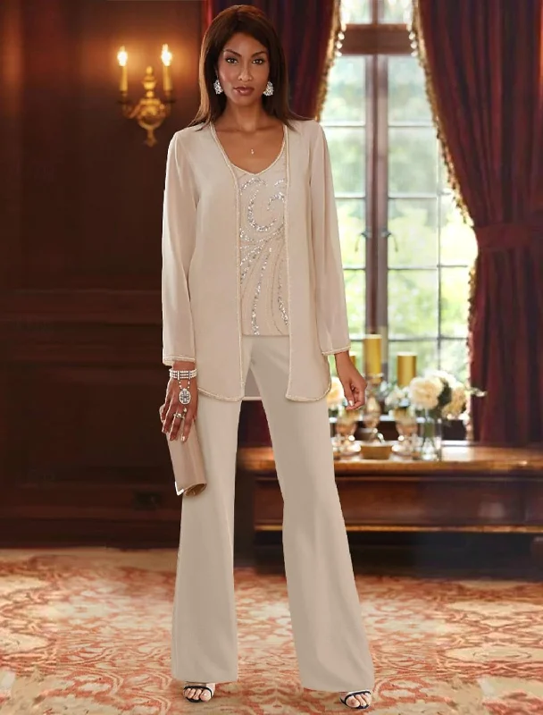 Chiffon V-Neck Floor-Length 3 Pieces Mother of the Bride Pantsuits with Jacket & Sequins Elegant Palazzo Trousers