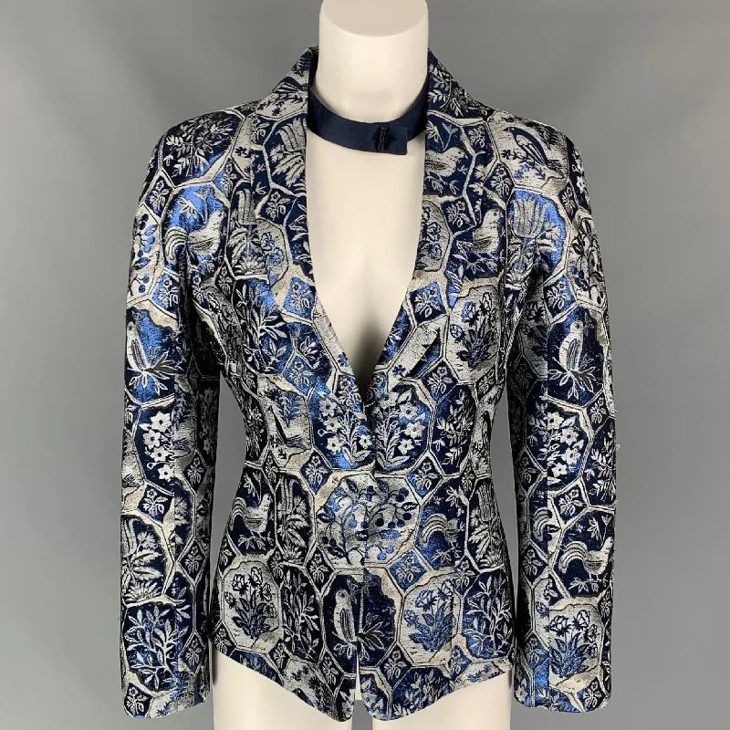 GIORGIO ARMANI Size 2 Blue & Grey Jacquard Acetate Blend Shawl Collar Jacket Mesh Jacket Canvas Jacket Denim Jacket