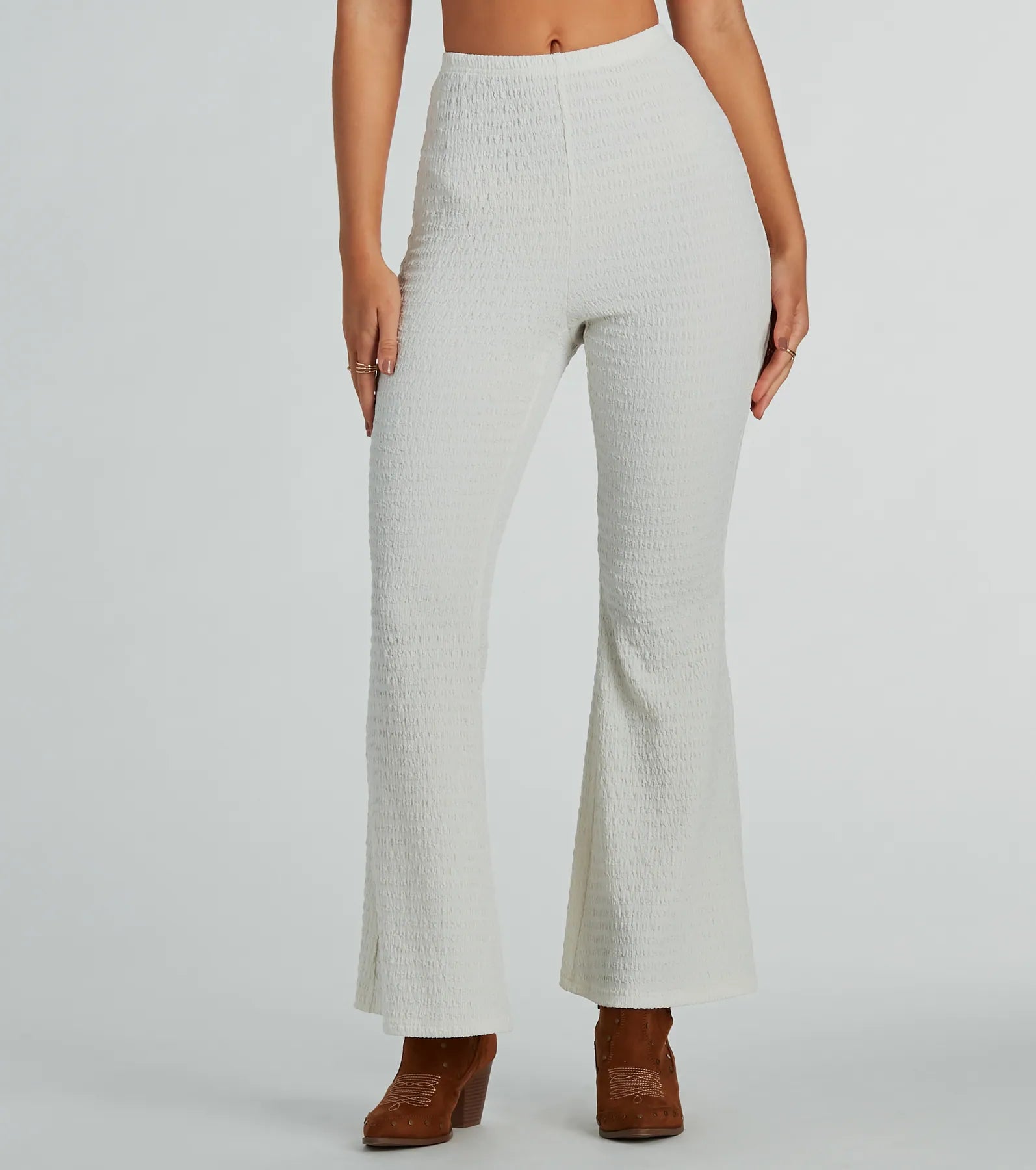 So Boho High Waist Crinkle Knit Flare Pants Elegant Palazzo Trousers