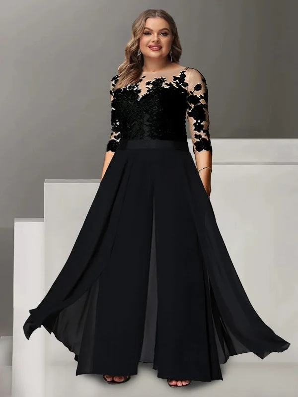 A-Line/Princess Jewel Neck 3/4 Length Sleeves Floor-Length Plus Size Mother of the Bride Pantsuits with Applique Stylish Slim Trousers
