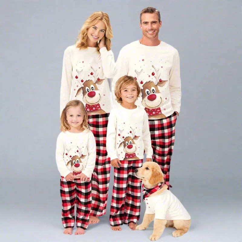 Matching Family Christmas Pajamas with Reindeer Print & Plaid Pants - Holiday Sleepwear Set for the Whole Family, Including Pets Comfortable Wide-Leg Pants