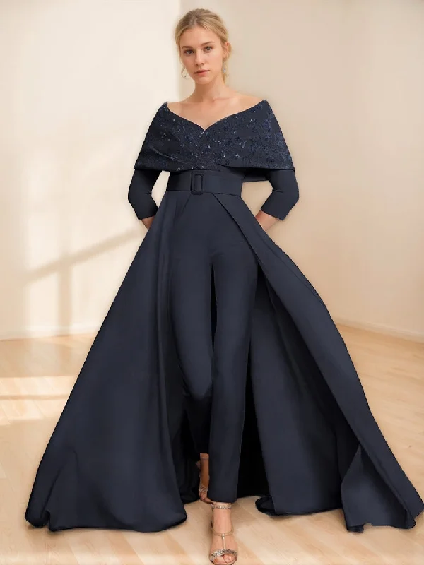 Off-the-Shoulder 3/4 Sleeves Mother of the Bride Pantsuits with Appliques & Belt Wide-Legged Palazzos