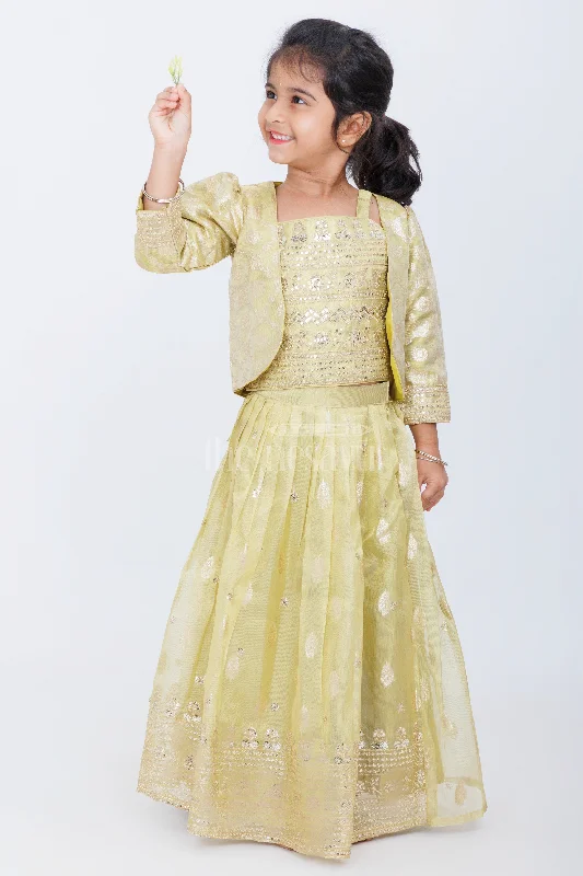 Gold Tissue Embroidered Lehenga Choli for Girls with Matching Jacket and Embellished Blouse Satin Fabric Silk Fabric Chiffon Fabric