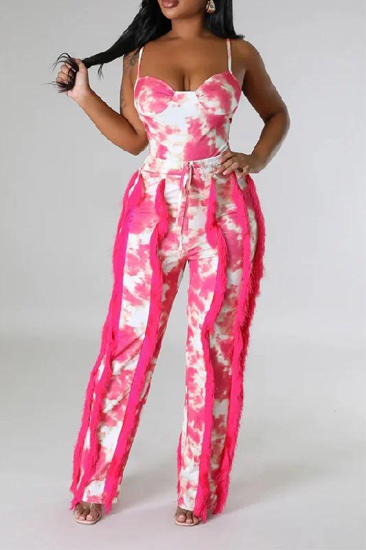 storexq Tie Dye Pretty Tassel Patchwork Pant Suit Relaxed Linen Pants