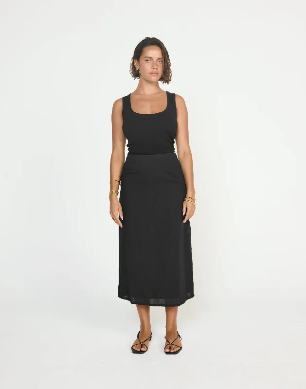 Cleo Midi Skirt (Black) linen skirt relaxed