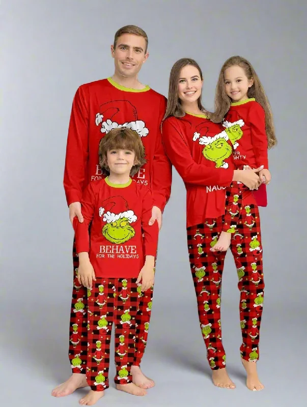 Family Matching Christmas Pajama Set - Naughty or Nice Grinch Design with Red Plaid Pants Classic Flared Pants