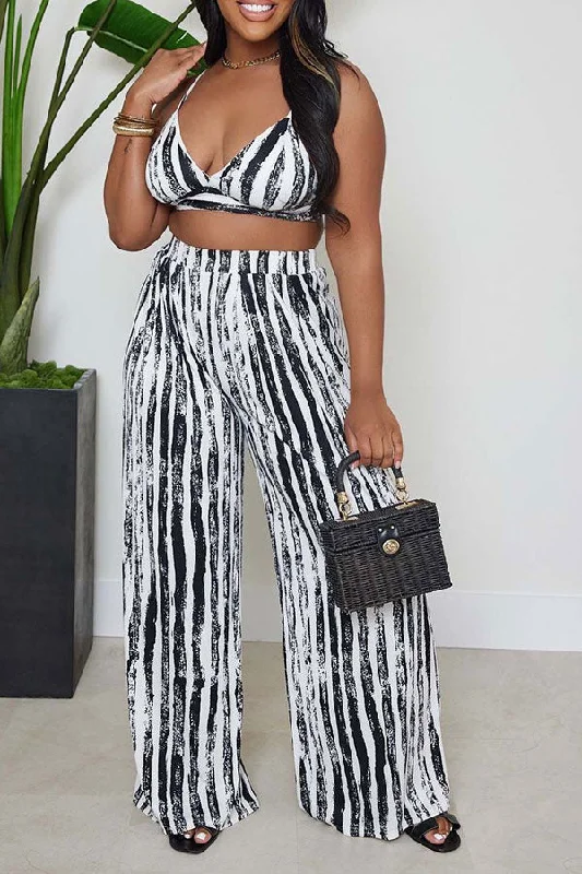 storexq Tie Dye Striped Stylish Wide Leg Pant Suit High-Waist Jeans