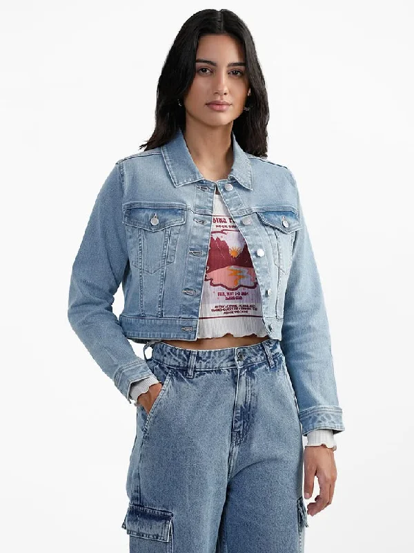 Nuon Light Blue Crop Fit Denim Jacket Satin Jacket Silk Jacket Chiffon Jacket