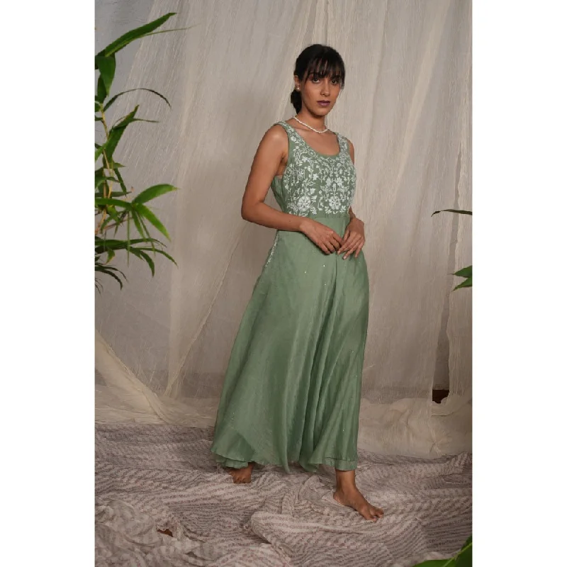 PANTS AND PAJAMAS Moss Green Chikan Chanderi Mull Dress Wide-Legged Palazzos