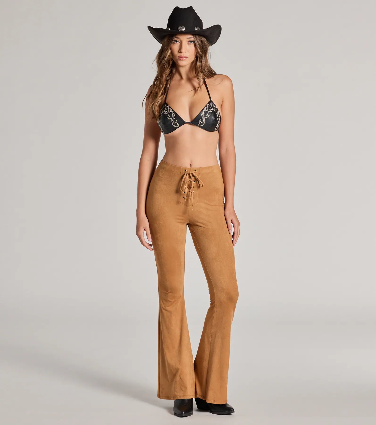 Bohemian Babe Lace-Up Faux Suede Flare Pants Slim-Fit Khaki Pants