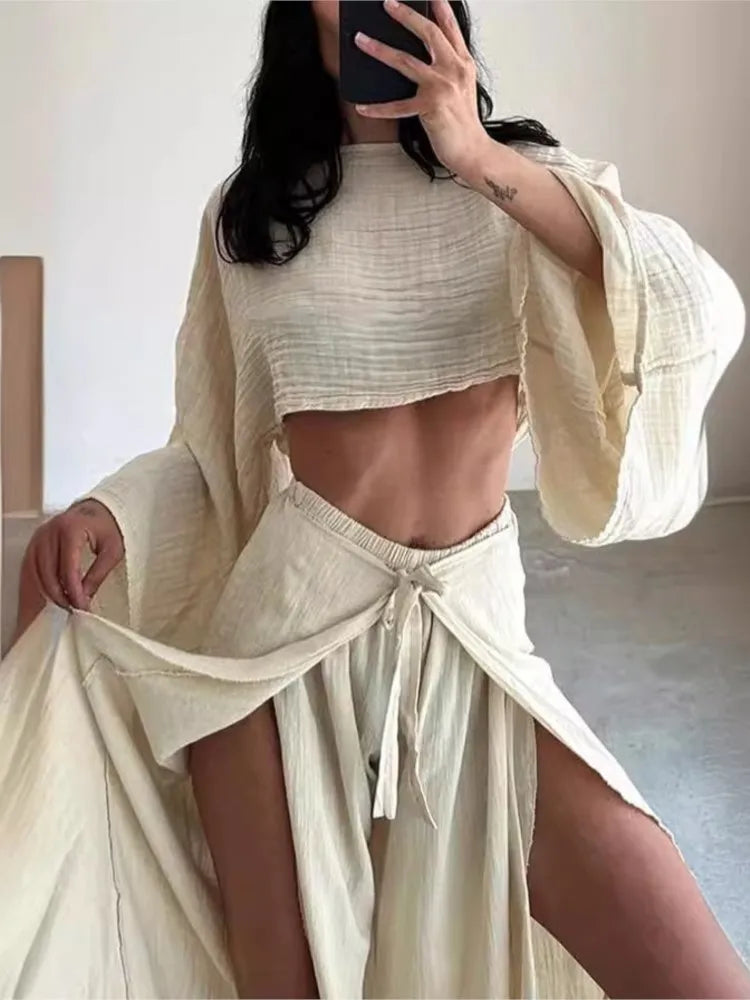 Marney's Summer Fishermans Pants Sets Cotton Linen Cropped Top And Slit Wide Leg Pants Trendy Wide-Leg Pants