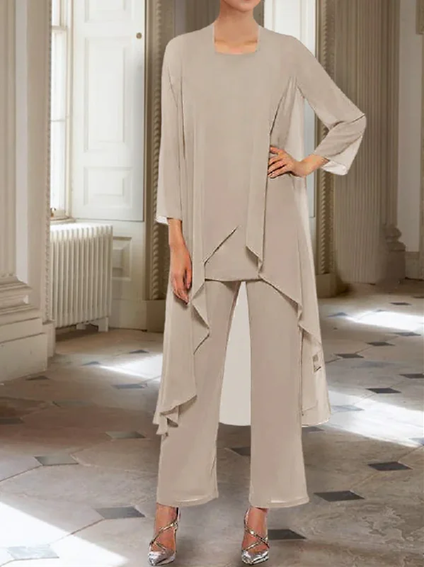 Chiffon Round Neck 3/4 Length Sleeves Ankle-Length Mother of the Bride Pantsuits with Jacket Classic Stretch Pants