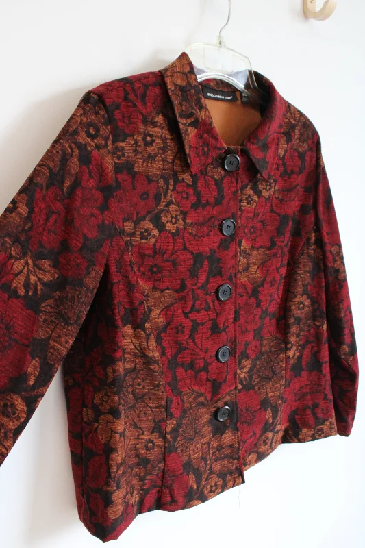 Briggs New York Red & Brown Floral Black Jacket | XL Satin Jacket Silk Jacket Chiffon Jacket