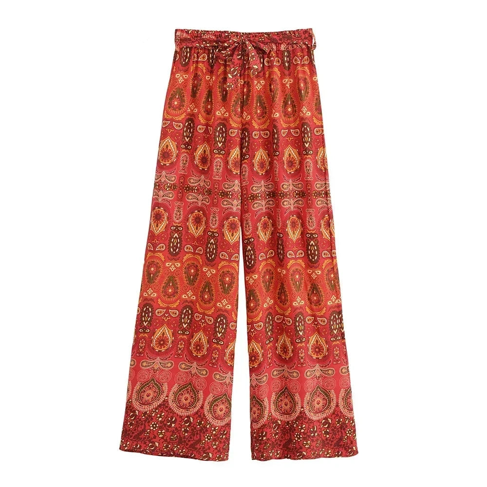 Nuri's Boho Red Floral Print Wide Leg Pants Chic Slim Fit Pants