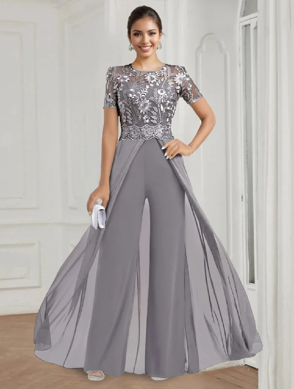 Stretch Chiffon Round Neck Short Sleeves Floor Length Mother of the Bride Pantsuits with Appliques Lace Comfy Athletic Pants