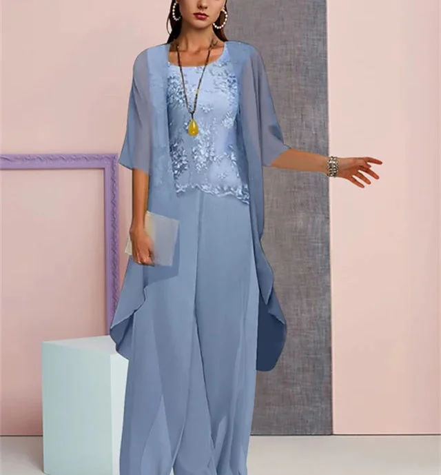 Chiffon Mother of the Bride Pantsuits with Jacket Elegant High-Waist Pants